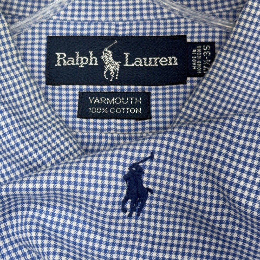 Polo Ralph Lauren Yarmouth Shirt Mens 17.5 35 Blue Gingham Check Cotton Button